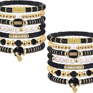 Football Charms & Heishi Beads: Elegant Game Day Bracelets Stack for Women